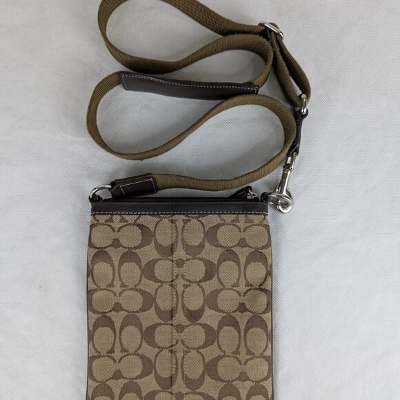 Vintage Coach Small Crossbody Bag Tan Logo Printed Canvas Brown Leather Accents - Picture 2 of 12